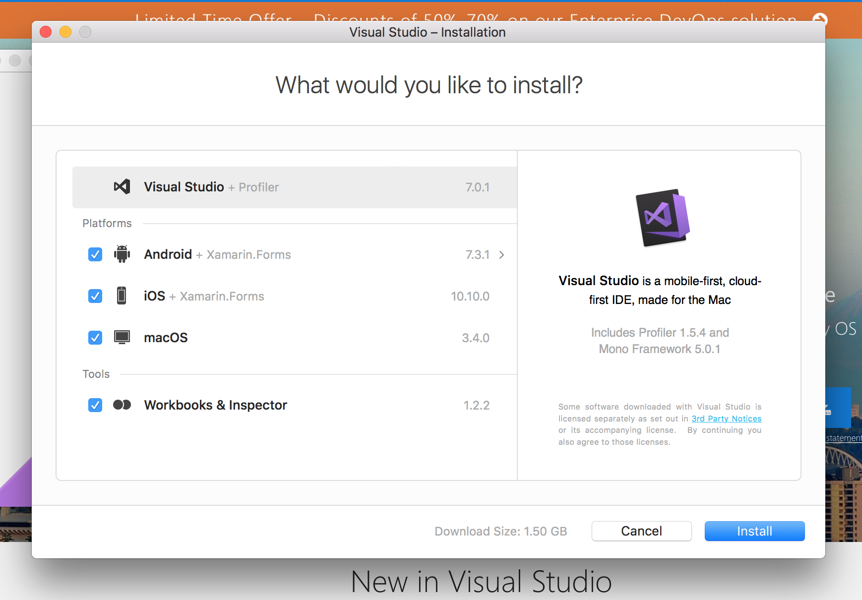 visual studio for mac install size